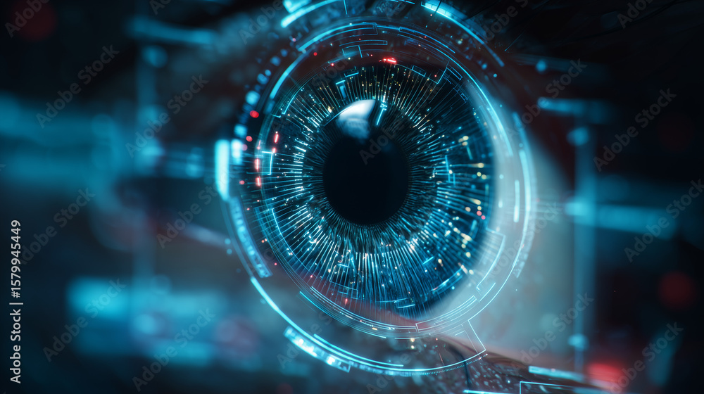 Poster futuristic machine vision concept: a digital android eye composed of circuitry and data streams that