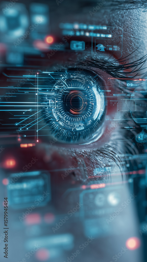 Poster futuristic machine vision concept: a digital android eye composed of circuitry and data streams that