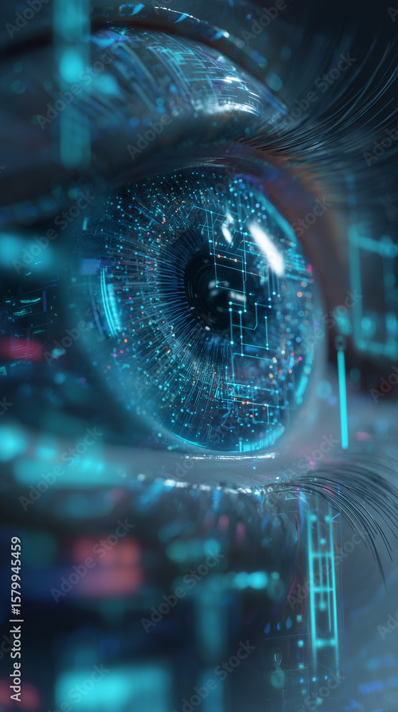 Poster futuristic machine vision concept: a digital android eye composed of circuitry and data streams that