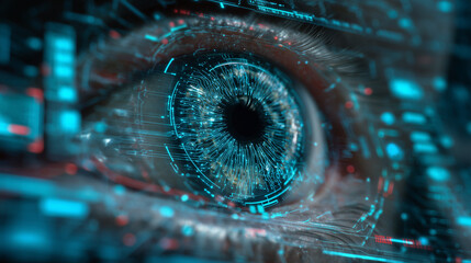 Futuristic machine vision concept: a digital android eye composed of circuitry and data streams that scans the environment, with glowing holographic interface elements