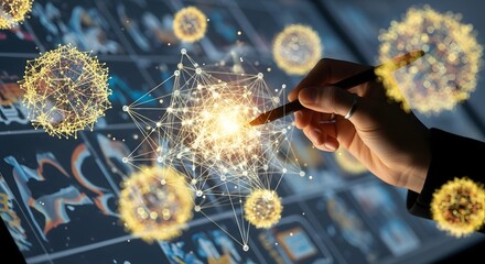 Digital network being analyzed on a touchscreen with a stylus highlighting connectivity for business and scientific data.