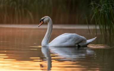 Fototapeta premium Serene Swan at Golden Hour, Calm Water Reflection