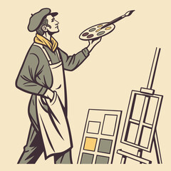 Illustrative Art Artist with Palette and Easel in a Retro Style
