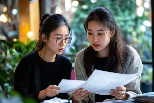 Two Asian students researching for a project in the library, engaged in a deep academic discussion and sharing ideas to complete their assignment, Generative AI