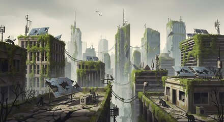 Post-Apocalyptic Cityscape: Overgrown Urban Ruins