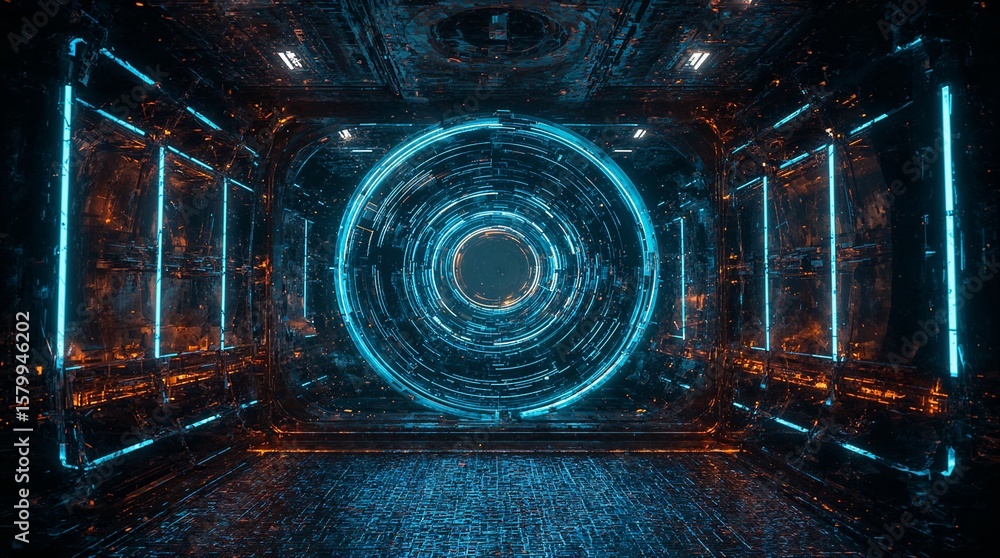 Poster futuristic alien technology laboratory. high-tech computer lab with futuristic elements