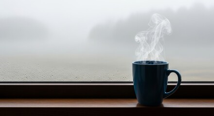 Misty Window View with Steaming Blue Mug