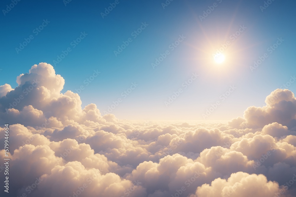 Poster dreamy soft clouds floating in a bright sky with sun rays casting warm light, representing a peacefu