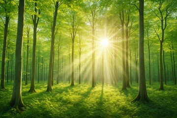 Naklejka premium Sunlight streaming through green forest trees with lush foliage on peaceful morning landscape background. Ai generative.