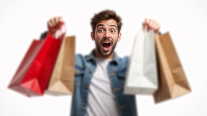 Excited Man Holding Shopping Bags
