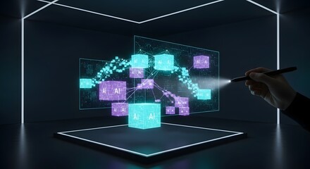 Stylus pen interacts with artificial intelligence, visualizing data cubes within a futuristic neon lit environment.
