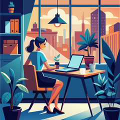 Productive Workspace Woman Working From Home in a Bright and Airy Office with City View, Plants, and Laptop