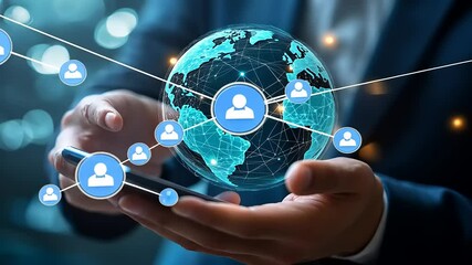 Business professional holding smartphone with global network connections and user icons in background - Powered by Adobe