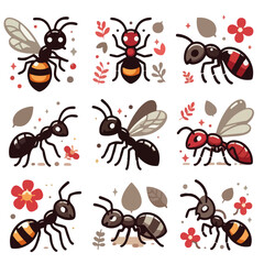 cute cartoon ant characters with expressive faces vector illustration
