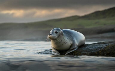 Obraz premium A Curious Seal Perched on a Rock, Observing the Calm Waters and Cloudy Sky