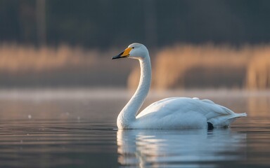 Obraz premium Elegant Swan Gliding on Calm Water, Bathed in Soft Golden Light