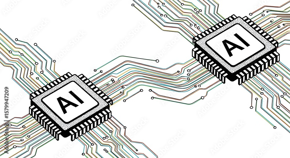 Poster two artificial intelligence chips interconnected on a digital circuit board symbolize technology evo