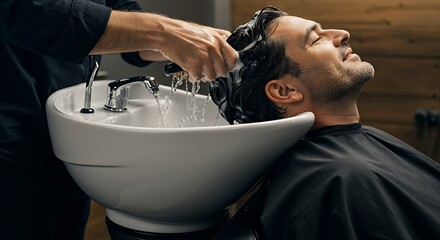 A client seated in a barber chair receiving a hair wash at a sink station, foamy shampoo and water droplets in detail, comfortable and relaxing,