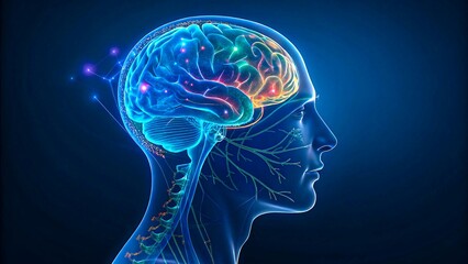 Obraz premium Digital illustration of human brain and nervous system with glowing neural connections on blue background 