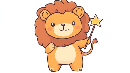 Fototapeta premium Cute cartoon lion holding a magic wand.