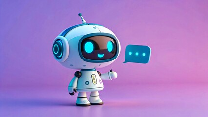 Cute smiling chatbot robot with speech bubble on pink and purple gradient background
