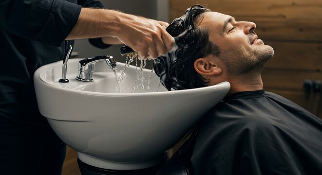 A client seated in a barber chair receiving a hair wash at a sink station, foamy shampoo and water droplets in detail, comfortable and relaxing, 