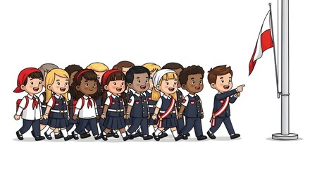 Diverse schoolchildren in uniform march towards a flagpole, a boy points towards the flag.