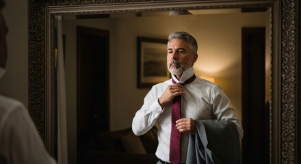 Mature Man Adjusting Tie Before Mirror in Ornate Frame