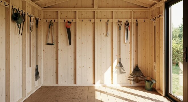 Interior of a Wooden Shed with Gardening Tools, Sunlight and Open Door