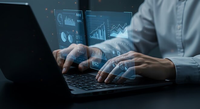 Business Analyst Working on Laptop with Holographic Financial Data Charts and Graphs