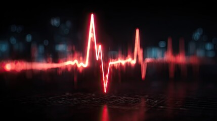 Abstract image of a bright red, glowing heart rate waveform against a dark, blurred background suggesting technology or medical data.