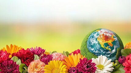 Vibrant green globe embraced by blooming flowers and fresh leaves, symbolizing Earth's renewal and hope for a sustainable future.