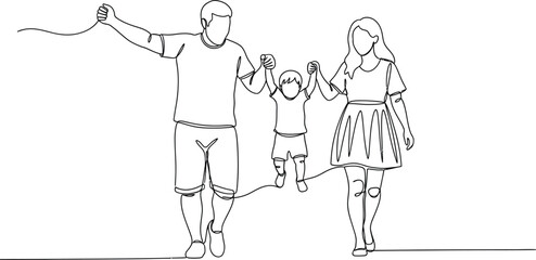 Continuous line drawing of family walking together happy parents holding child vector illustration art design