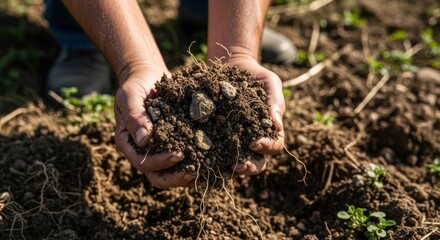 Farmer's hands holding rich soil with small rocks and roots in a field