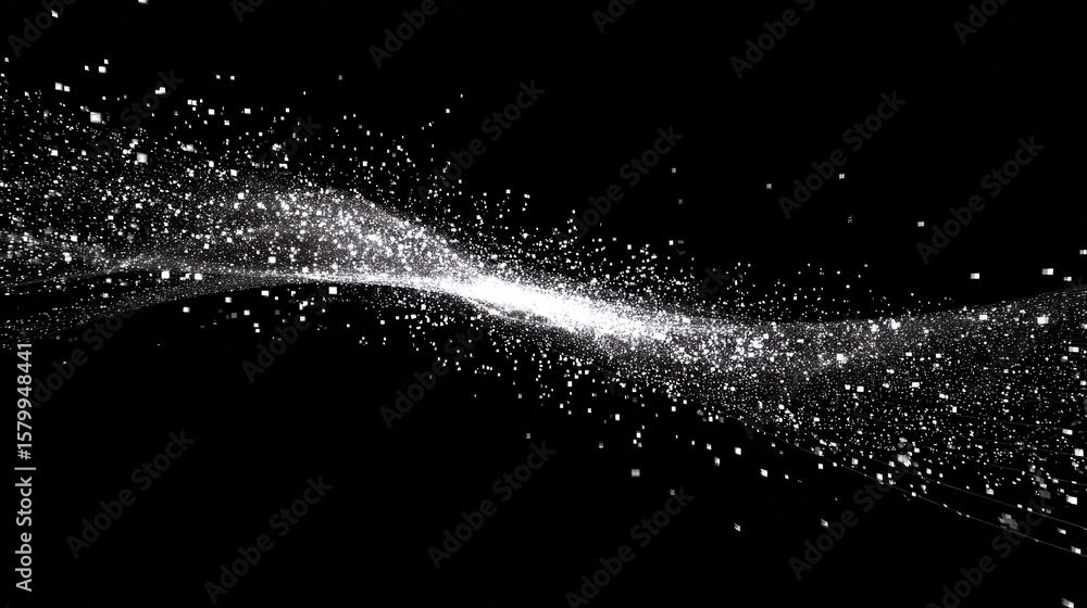 Poster abstract design of flowing particles on a black background.