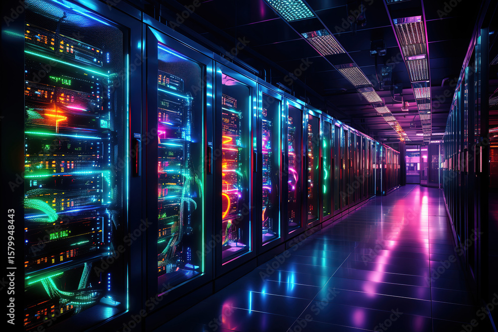 Poster colorful server room showcasing rows of server racks in a high-tech environment