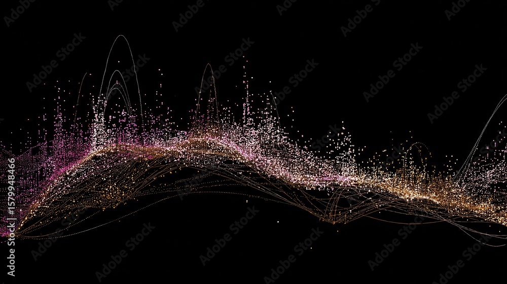 Poster abstract graphic design with shimmering particles and lines.