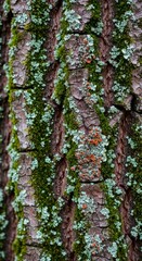 Detailed Close-up of Moss and Lichen on Tree Bark