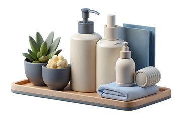 A minimalist tray with bathroom essentials and a small plant isolated on transparent background