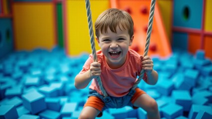Joyful Boy Swinging in Playground