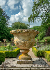 Weathered yellow stone garden pot in lush english countryside setting