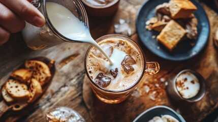 Fototapeta premium Iced coffee being poured with milk