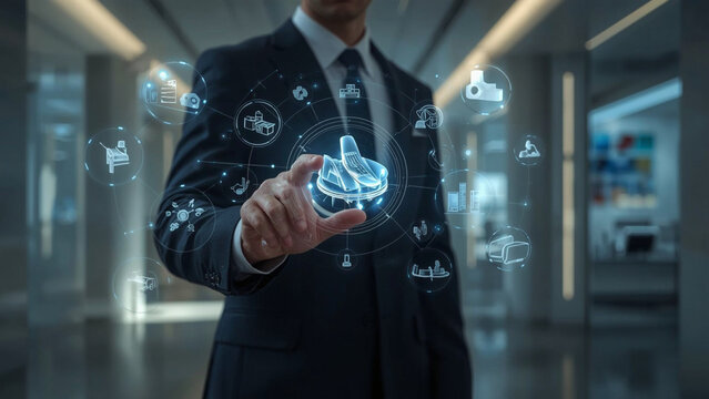 Businessman using a holographic interface to interact with 3D icons and technological data