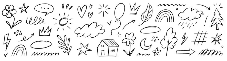 Heart chalk crayon pencil sketch set. Hand drawn kid doodle arrow, cloud, flower children pastel element. Childish chalk heart, crayon pencil texture sketch style. Vector illustration