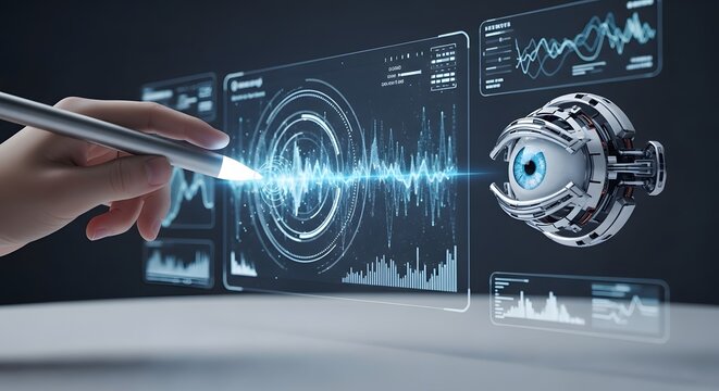 Hand interacts with futuristic interface, highlighting advanced technology, augmented reality, and the presence of a robotic eye.