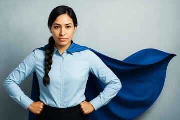 Confident businesswoman wearing blue cape standing with hands on hips against light background, symbolizing empowerment and leadership.