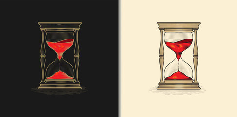 Mystic hourglass ornate gold engraving with red sand on light and dark