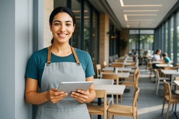 Smiling restaurant worker in apron holding tablet in modern cafe with bright interior and natural light background. Ai generative.
