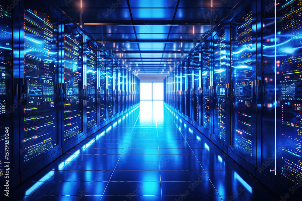 Poster engaging image showcasing a data center with visualized network connections linking server racks