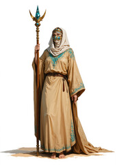 Desert Sorcerer with Ornate Robes and Crystal Staff – Mysterious Magic User with Veiled Face and Golden Embroidery in Sand Environment, Fantasy RPG Character Design on White Background